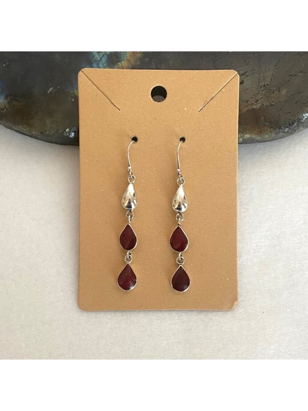 Sterling Silver 925 Mexico Teardrop Red Enamel Tiered Dangle Drop Earrings